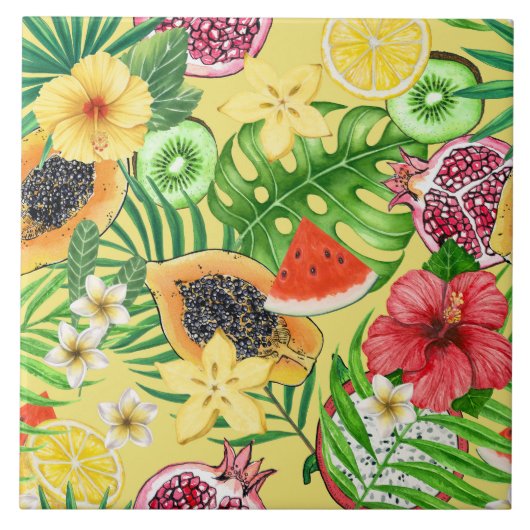 Carreau Mix-fruit tropical, fleurs et feuilles sur jaune (Devant)