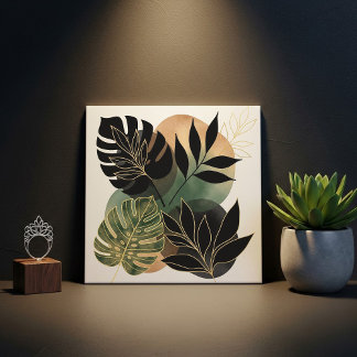 Carreau Modern Botanical Abstract Art Black and Gold Leave