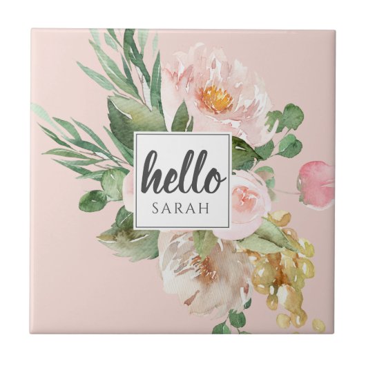Carreau Modern Watercolor Pink Flowers & Hello & Nom (Devant)