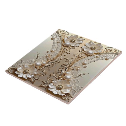 Carreau Modern White Flowers Pearls Ceramic Tile (Côté)