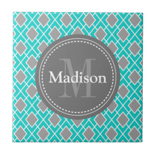 Carreau Moderne et élégant Turquoise Blue Grey Diamond Mot