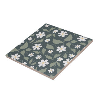 Carreau Moderne Ferme Fleur de Marguerite Bleu Vert Foncé
