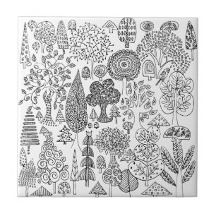 Carreau Moderne motif d'arbre fantaisiste noir et blanc