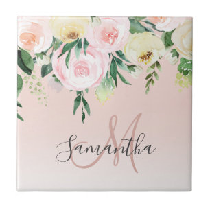 Carreau Moderne Pastel Rose & Fleurs Avec Nom