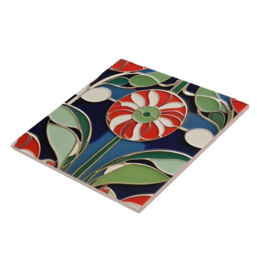 Carreau Moderniste Art Nouveau Round Fleur Rouge Florale (Côté)