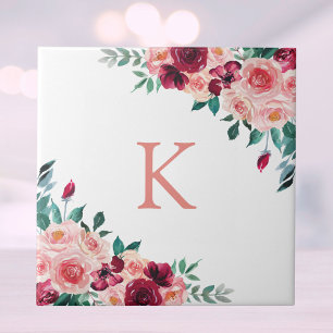 Carreau Monogramme Aquarelle Boho rose Bourgogne Rose Flor