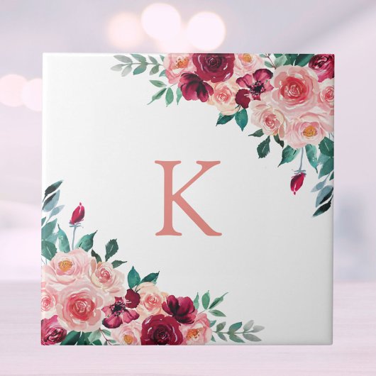 Carreau Monogramme Aquarelle Boho rose Bourgogne Rose Flor