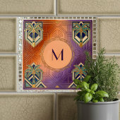 Carreau Monogramme Art Déco Tropical Orange Palmier 