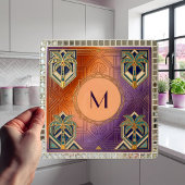 Carreau Monogramme Art Déco Tropical Orange Palmier 