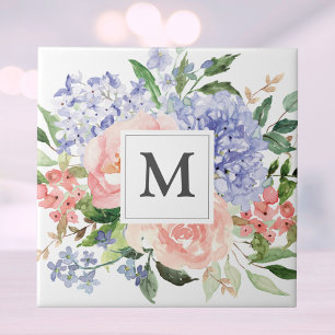 Carreau Monogramme bleu rose Hydrangée pivoine printemps f