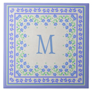 Carreau Monogramme Blue Periwinkkts Floral Bordure Faux Li