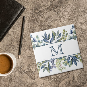 Carreau Monogramme de la frontière Feuille en bleu d'Indig