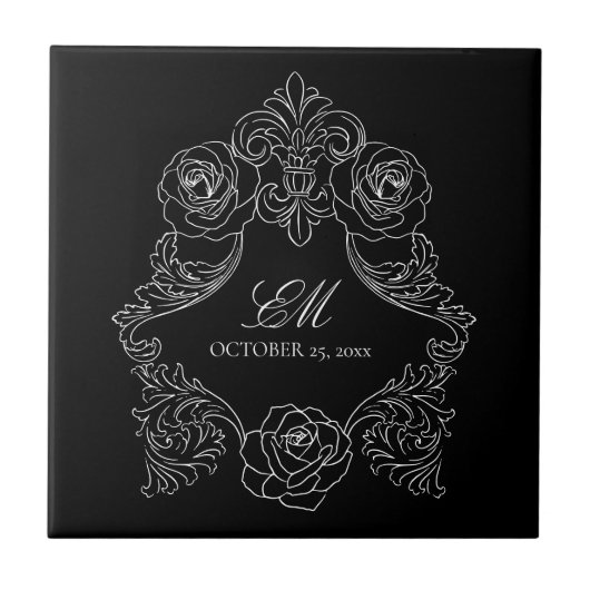 Carreau Monogramme de mariage gothique noir et blanc (Devant)