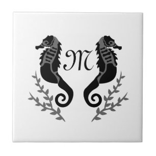 Carreau Monogramme de silhouette du cheval de mer noir
