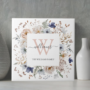 Carreau Monogramme Élégant Jolies Fleurs Beige Bleu Floral