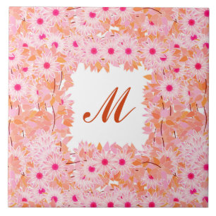 Carreau Monogramme encadré de fleurs - rose et pêche