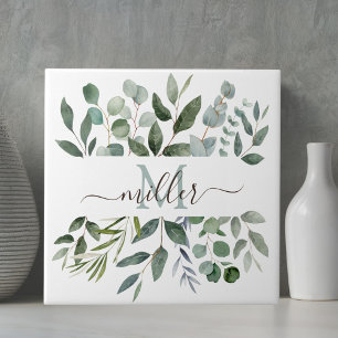 Carreau Monogramme feuilles de verdure d'eucalyptus vert s