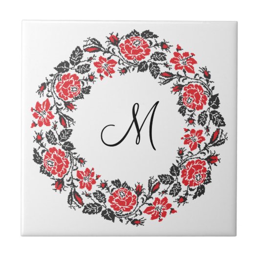 Carreau Monogramme initial des roses rouges à point croisé (Devant)