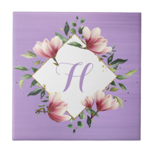Carreau Monogramme Initial Floral Fleur Rose Violet Élégan