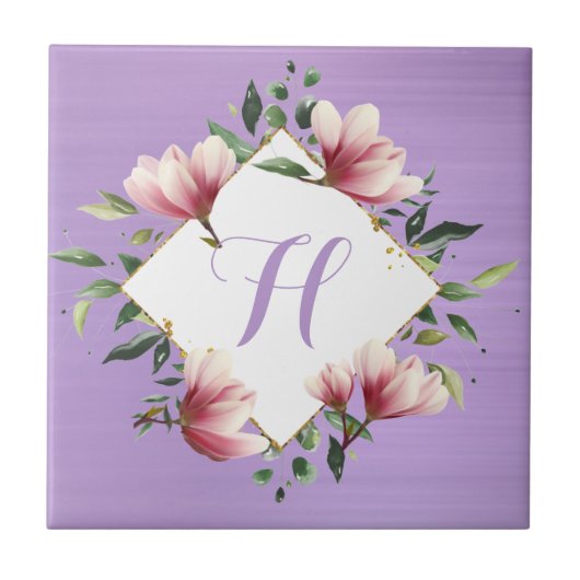 Carreau Monogramme Initial Floral Fleur Rose Violet Élégan (Devant)