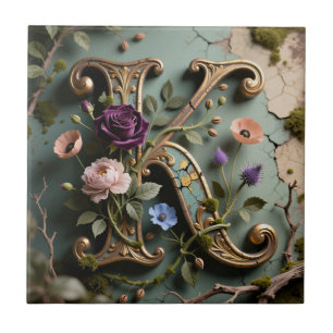 Carreau Monogramme lettre K à patine florale dorée