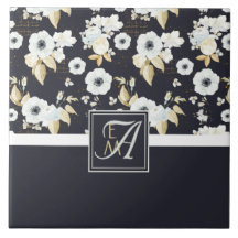 Monogramme Marine Bleu Blanc Floral Décor Anémone