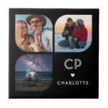 Carreau Monogramme Nom 3 Photo Moderne tendance Simple<br><div class="desc">Monogram Name 3 Photo Modern Trendy Simple Carrelage décoratif simple dispose de trois de vos photos préférées avec votre nom personnalisé et monogramme en élégant script noir. Personnalisez en modifiant le texte dans les zones de texte fournies. Parfait pour l'anniversaire, Noël, Fête des Mères, baby showers, douches nuptiales, maman, soeur,...</div>