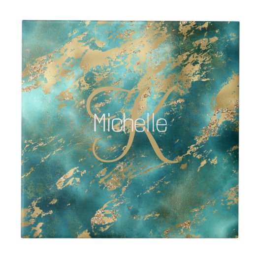 Carreau Monogramme Nom Initial Turquoise Vert Marbre Or (Devant)