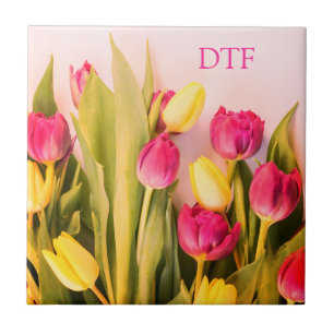 Carreau Monogramme/Nom Rose DIY, Tulipes Roses et Jaunes