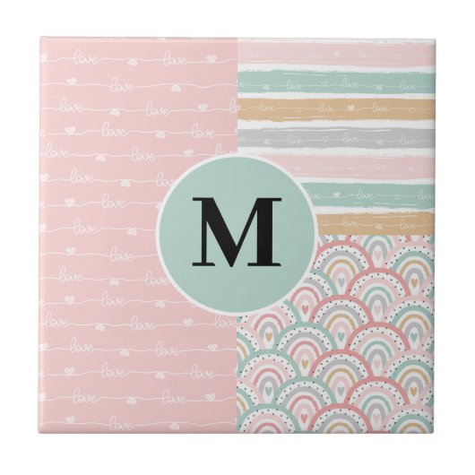 Carreau Monogramme Patchwork Hearts Rainbow Ceramic Tile (Devant)