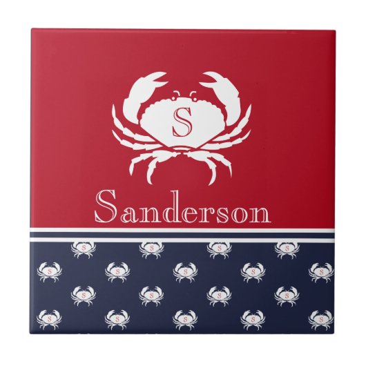 Carreau Monogramme Rouge Blanc Marine Bleu Crabe Nautique (Devant)