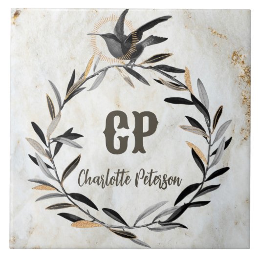 Carreau Monogramme Russe Marbre blanc Oiseau Wreath Person (Devant)