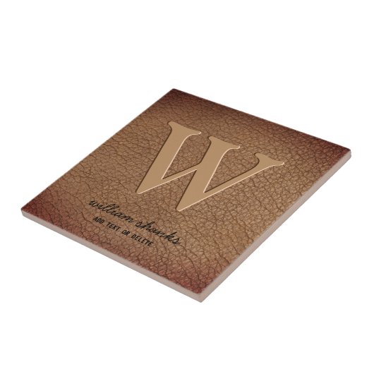 Carreau Monogramme rustique en cuir marron texte noir pers (Côté)