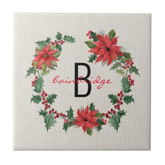 Carreau Monogramme Rustique Poinsettia & Wreath Holly (Devant)