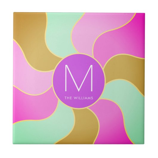 Carreau Monogramme Rustique Rétro Coloré Vague Solaire (Devant)