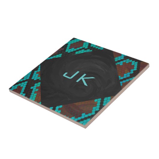 Carreau Monogramme serpent impression Brown et Turquoise (Côté)