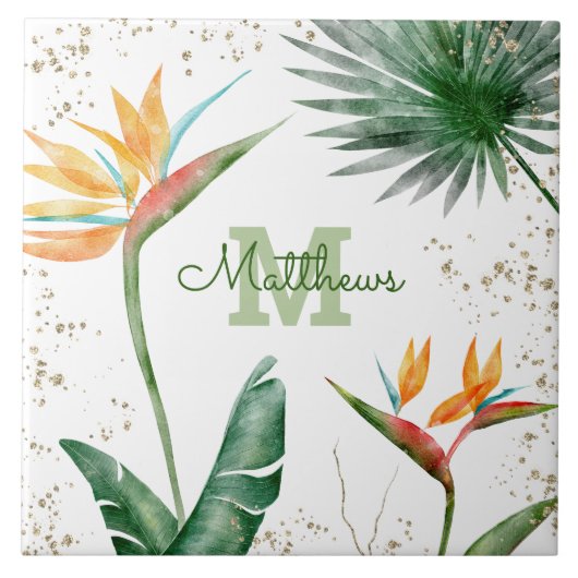 Carreau Monogramme Tropical Palm Foliage Script Or Blanc (Devant)