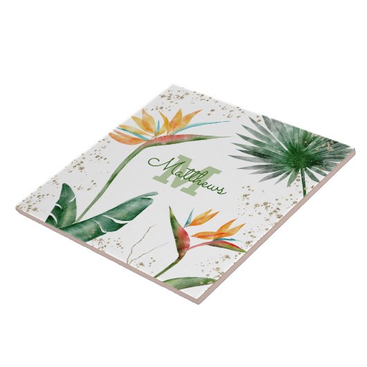 Carreau Monogramme Tropical Palm Foliage Script Or Blanc (Côté)