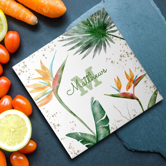 Carreau Monogramme Tropical Palm Foliage Script Or Blanc