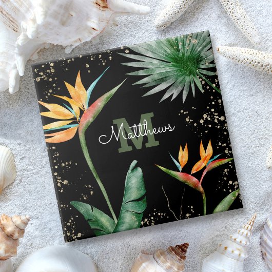 Carreau Monogramme Tropical Palm Foliage Script Or Noir