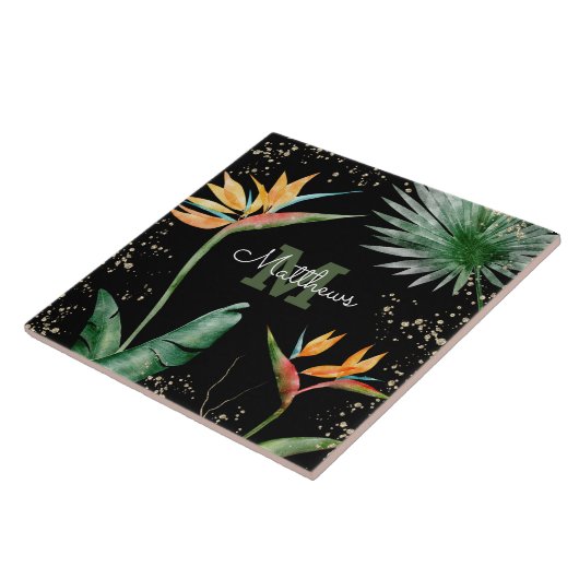 Carreau Monogramme Tropical Palm Foliage Script Or Noir (Côté)