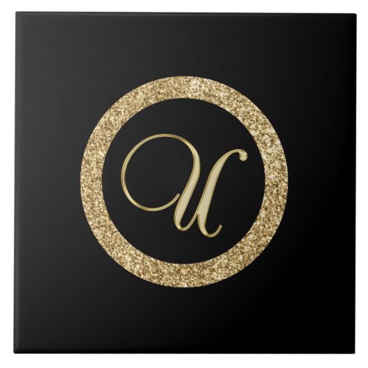 Carreau Monogramme U, or sur fond noir de minuit, (Devant)
