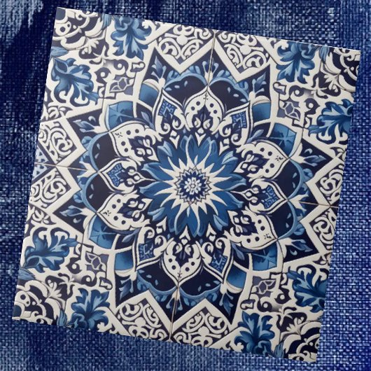 Carreau Moroccan Mediterranean Blue & White Tile Pattern
