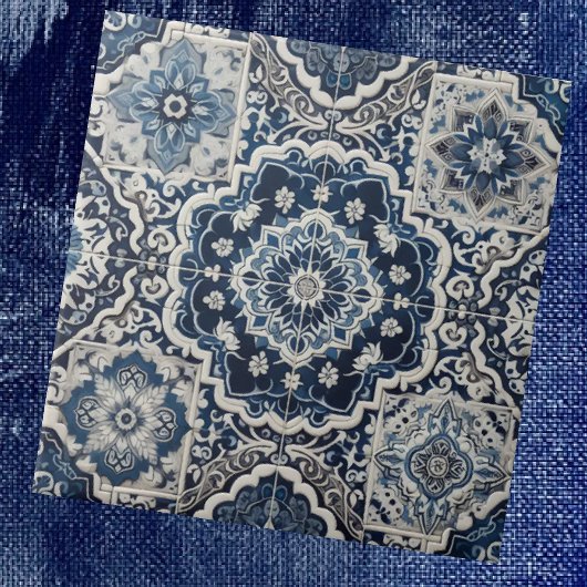 Carreau Moroccan Mediterranean Blue & White Tile Pattern
