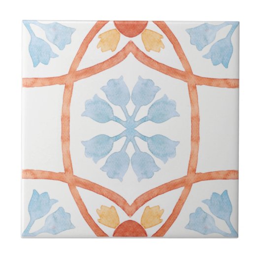 Carreau Moroccan style tile flowers orange and blue (Devant)