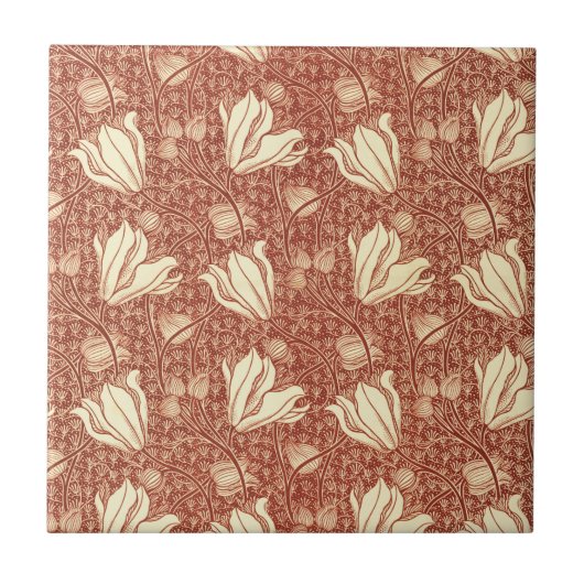Carreau Morris Inspired Victorian Red Lily Floral Textile (Devant)