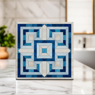 Carreau Mosaïque à clé grecque - Travertine et marbre bleu