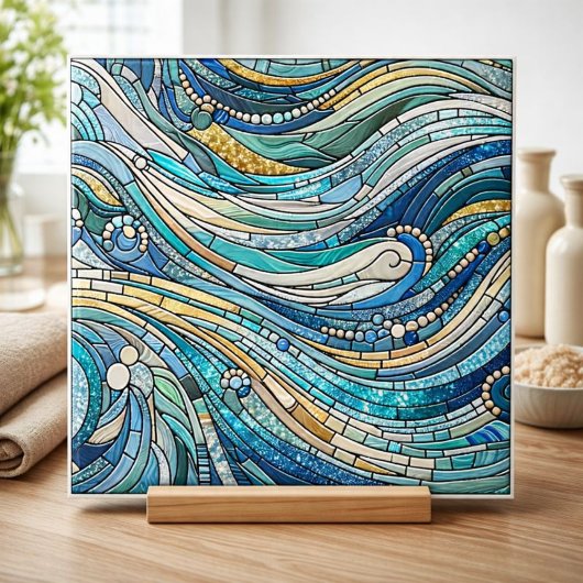 Carreau Mosaïque d'art fin sarcelle de mer de vagues