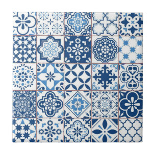 Carreau Mosaïque d'azulejo bleu indigo méditerranéen ornée