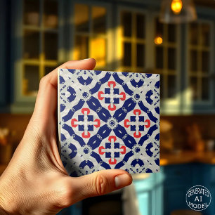 Carreau Mosaïque de Croix vive en bleu marine, rouge et gr